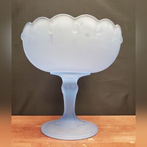 Vtg Indiana Glass Blue Mist Frosted Glass Pedestal Fruit Compote Bowl
